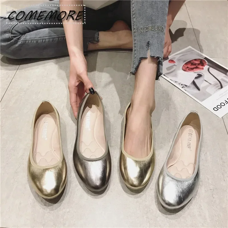 Women Ballet Flat Shoes Round Toe Silver Gold Slip on Loafers Lazy Casual Shoes Plus Large Size Waterproof Comfortable Luxury PU