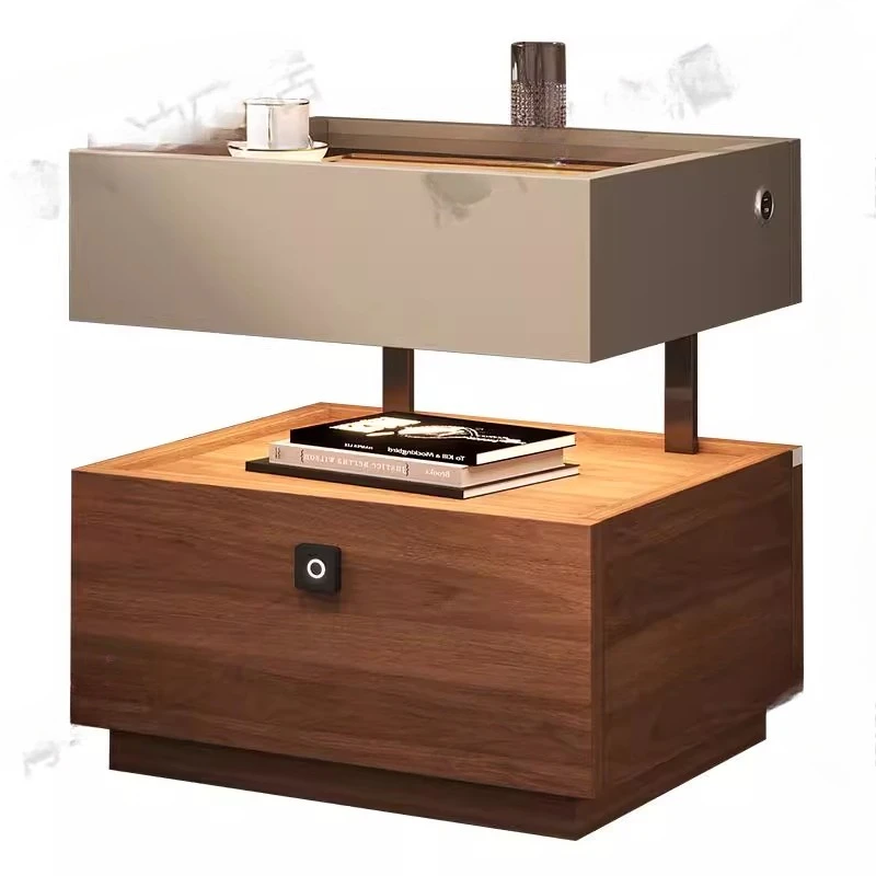 

Italian minimalist bedside table modern suspended solid wood fingerprint lock plus sensor light