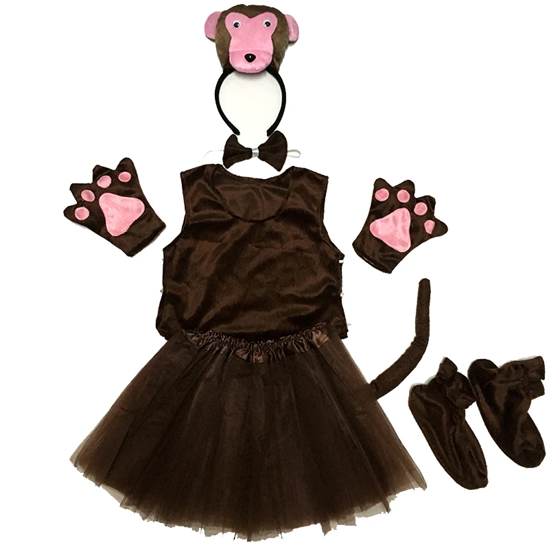 Children's Day Animal Cosplay Costume for Boy Girl Monkey Costume Headband Clothes Shoes Tail Tutu Skirt Gloves Set for Kid