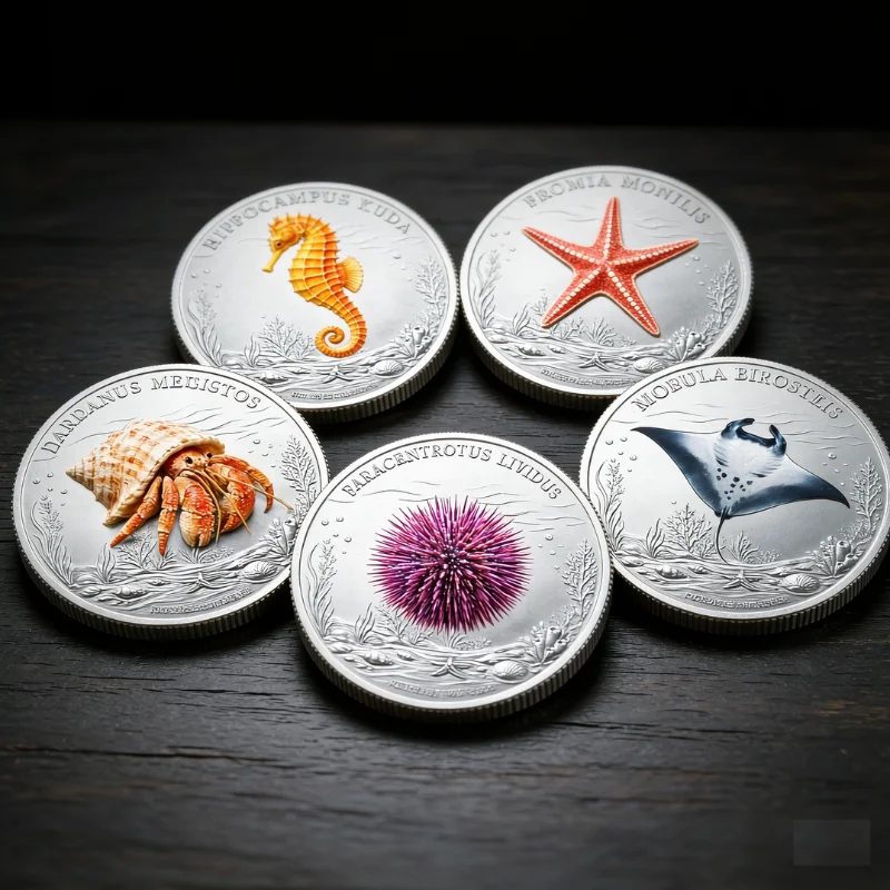 1oz .999 Fine Copper Marine Life Coin 5 Style Color Print Starfish Seahorse Hermit Crab Sea Urchin Mobula Ray Ocean Collectible
