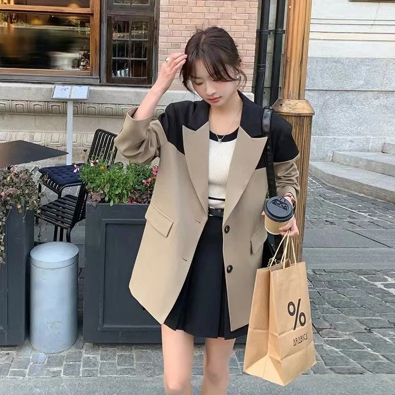 Women's Contrasting Stitching Blazer, Korean Version Overcoat, Temperament Casual Coat, High-end Suit, Spring, Autumn, New Style