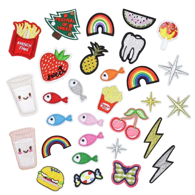 100pcs/Lot Small Embroidery Patch Fish Cherry Pineapple Lightning Watermelon Star.Fries Milk Burger Clothing Decoration Craft