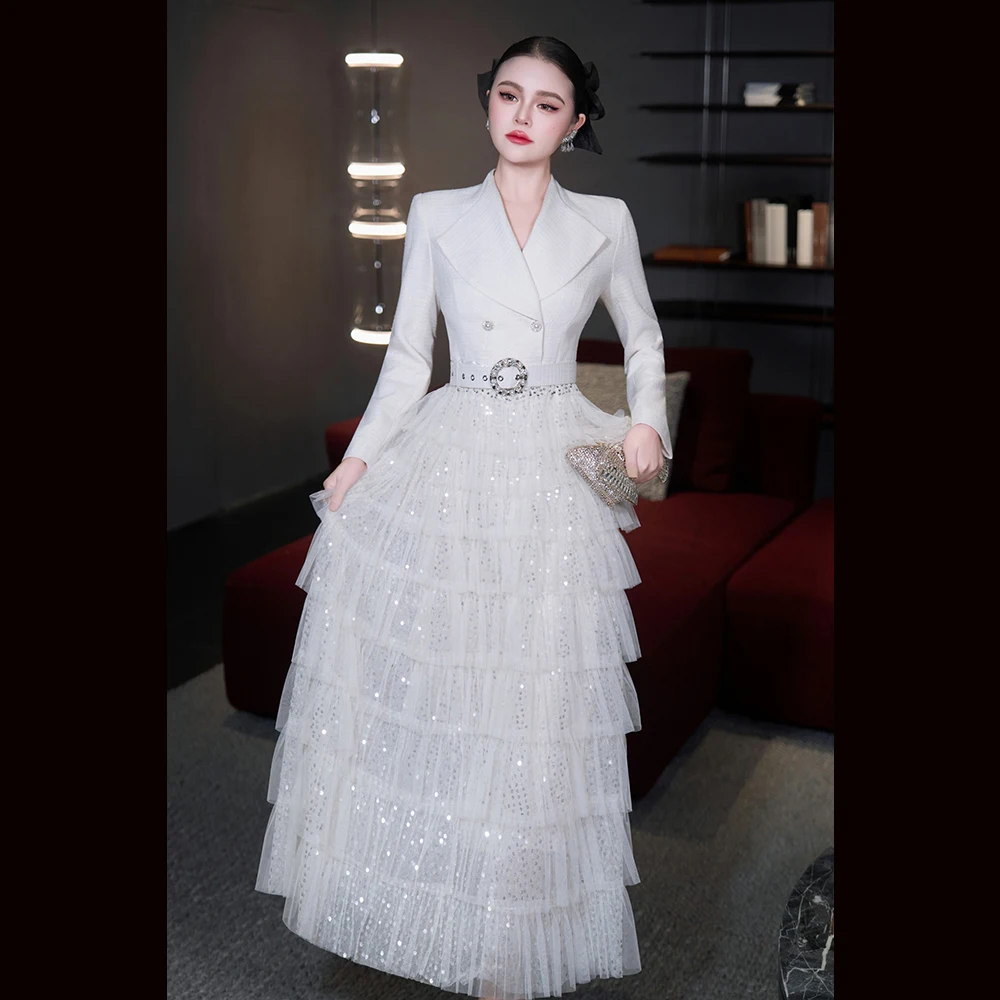 

Meyyithun Women's Dress Elegant Patchwork Sequins Dresses Lapel Long Sleeve High Waist Spliced Tiered Mesh Party Cake Dress MX