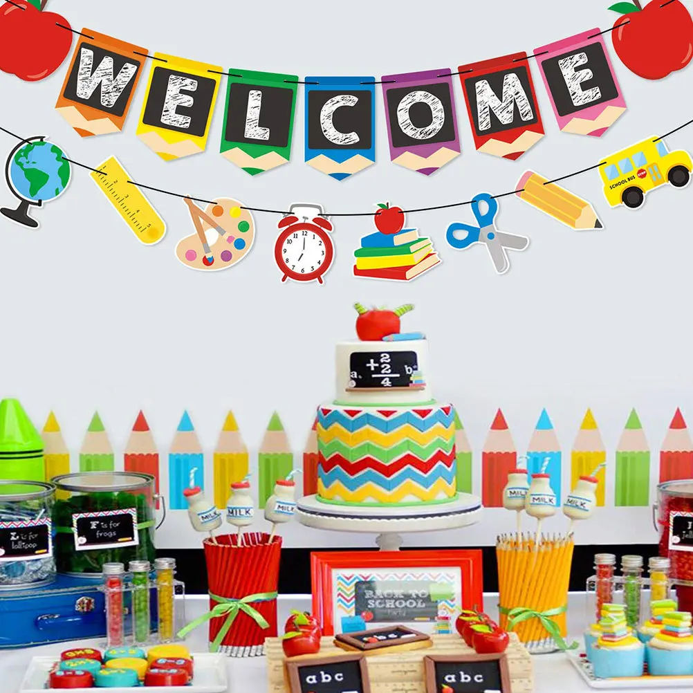 Back to School Banner Colorful Pull Flag for Classroom Decoration First Day Party Supplies Hanging Wall Ceiling Decorations