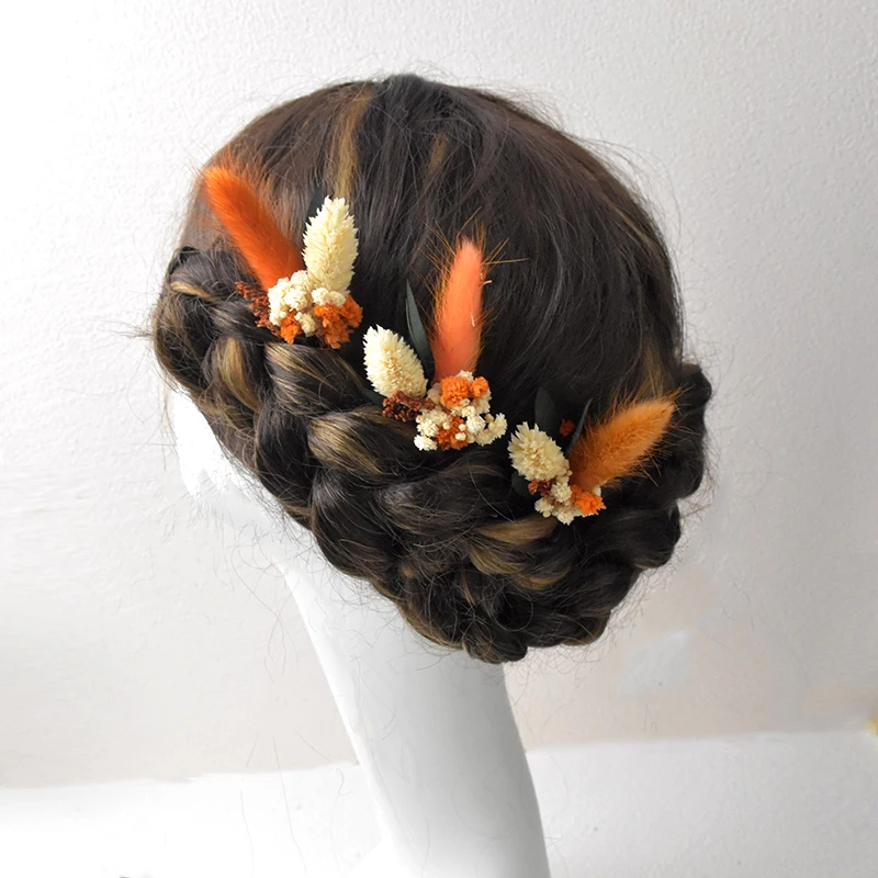 Handmade Autumn Wedding Accessory Flower Comb Terracotta Bridal Hair Gypsophila Dried flower Eucalyptus Hair Accessory Orange