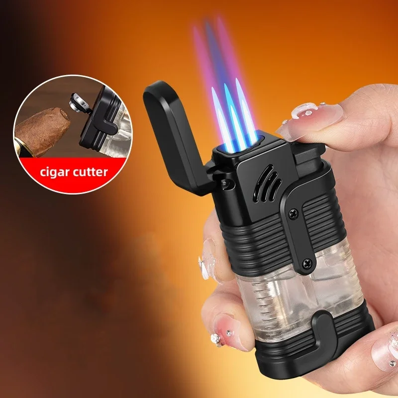 New three-fire high temperature direct injection gas cigar lighter windproof transparent oil tank with cigar cutter