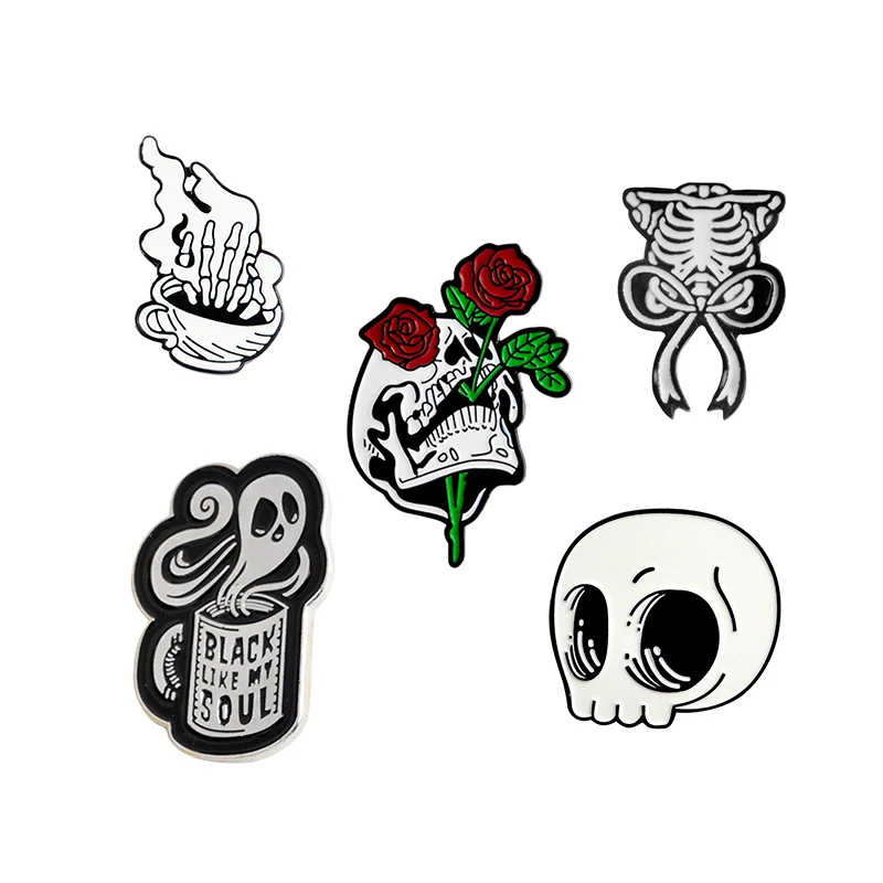 Skeleton Enamel Pins Skull Coffee Ghost Rose Badge for Bag Lapel Brooches Denim Jean Shirt Gothic Punk Jewelry Gift for Friends