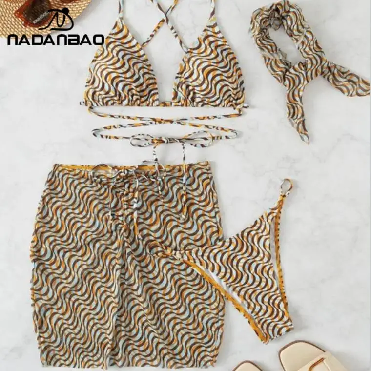 Nadanbao-Bikini con estampado de Moire para mujer, traje de baño Sexy de tres piezas para fiesta en la playa, conjunto de Bikini femenino sin espalda, Bikini de red de moda