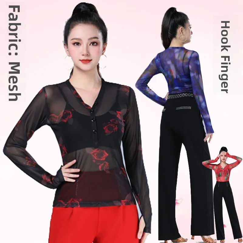 latin-dance-performance-outfit-modern-dance-net-full-length-sleeve-long-women's-square-dancing-three-step-b-neck-hook-finger