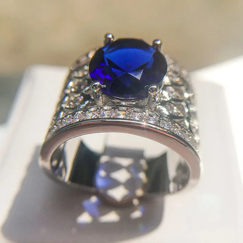 سعر المصنع خاتم كبير لسطح مورغانيتي ضخم مع أزرق وأبيض كريستال الزركون 925 خاتم فضة للنساء مقاس 6 7 8 9 10 #1