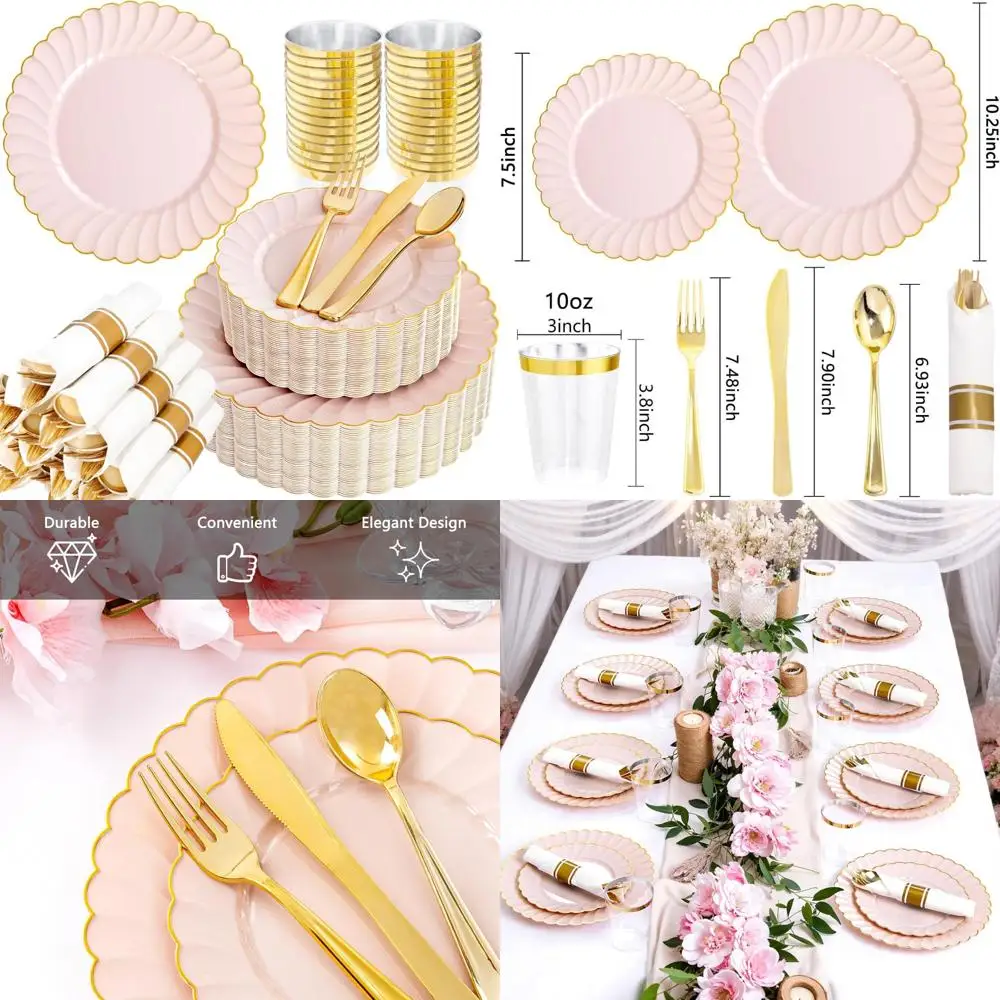 

Pink Scalloped Plastic Plates Set, 350 Pieces, Disposable Dinnerware with 100 Plates and 150 Gold Silverware for Parties and Cel