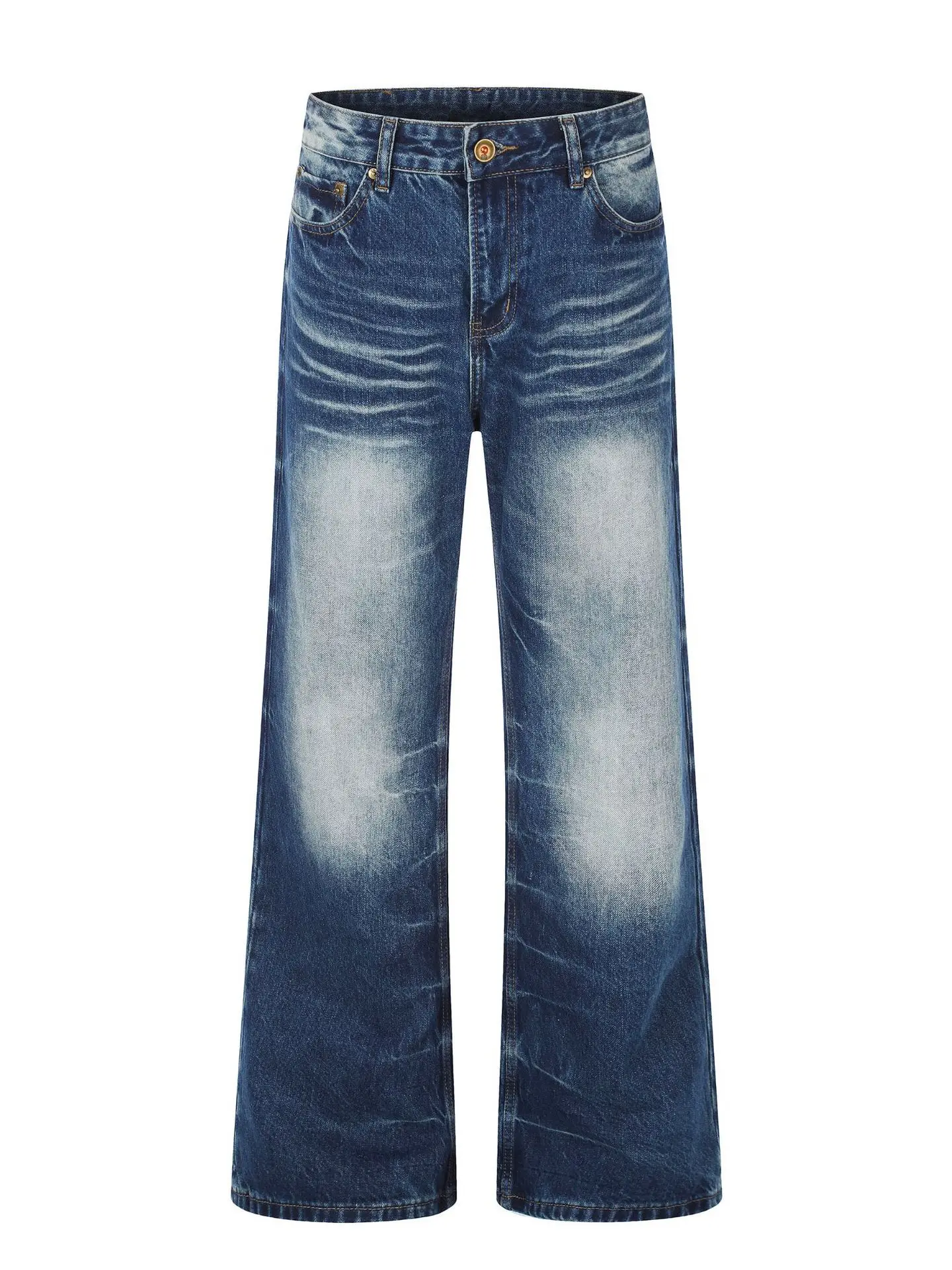 Calça Jeans Retrô Lavada e Desgastada Unissex Casual Solta Boca de Sino Cintura Média Moda Outono Inverno