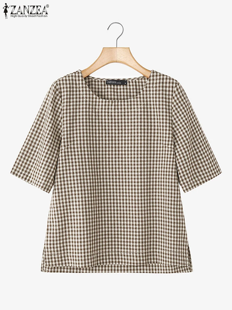 เสื้อผู้หญิงลายตารางหมากรุก ระบายอากาศได้ดี สำหรับฤดูใบไม้ผลิและฤดูร้อน คอทรงโอ แขนสั้น สไตล์ลำลอง แบรนด์ ZANZEA เหมาะสำหรับใส่ในชีวิตประจำวัน ไซส์ S-3XL
