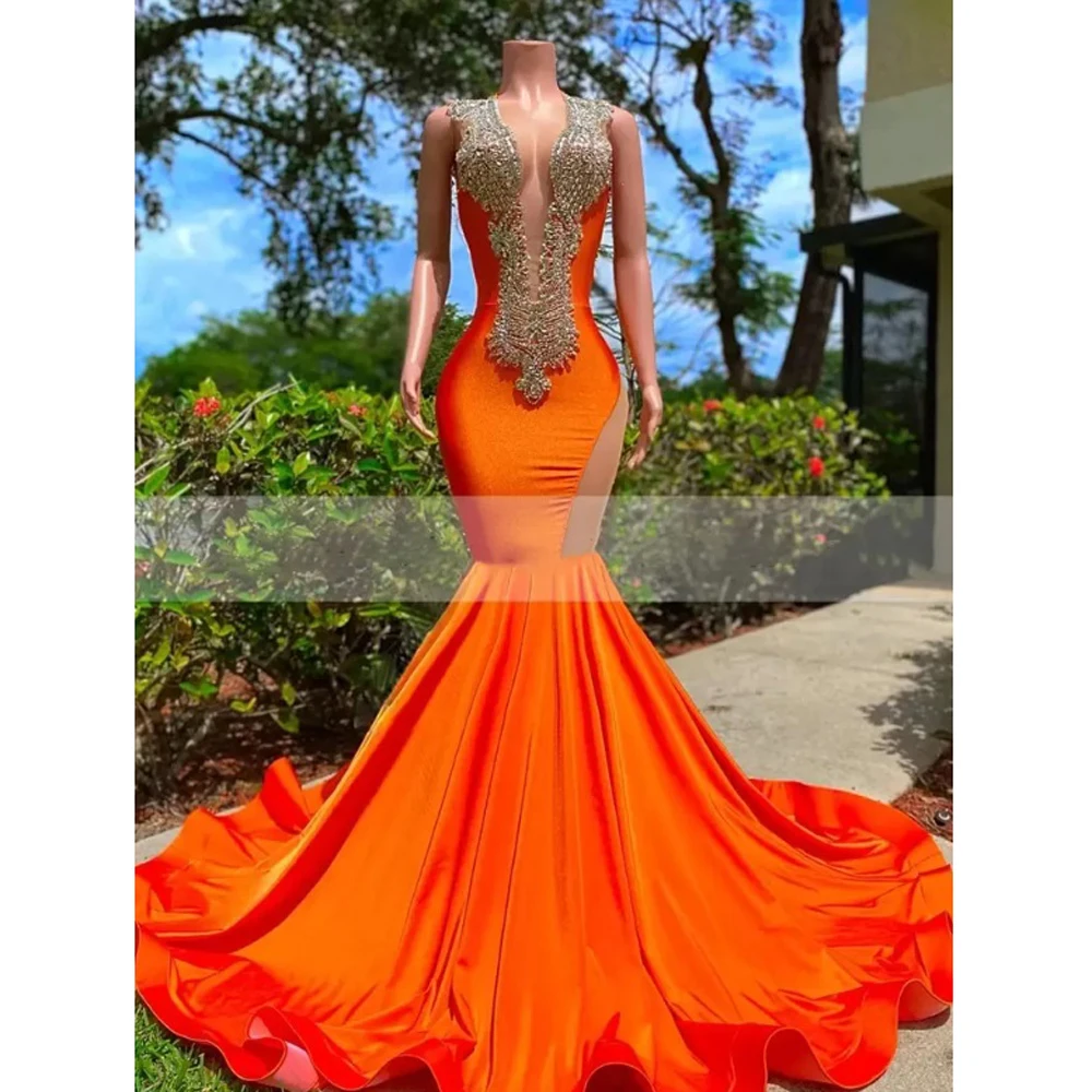 Vestido de noche Sexy con espalda descubierta y cuello en V profundo, vestido de sirena de lujo con cuentas y lentejuelas, satén naranja sin mangas, dobladillo con volantes, fiesta de celebridades