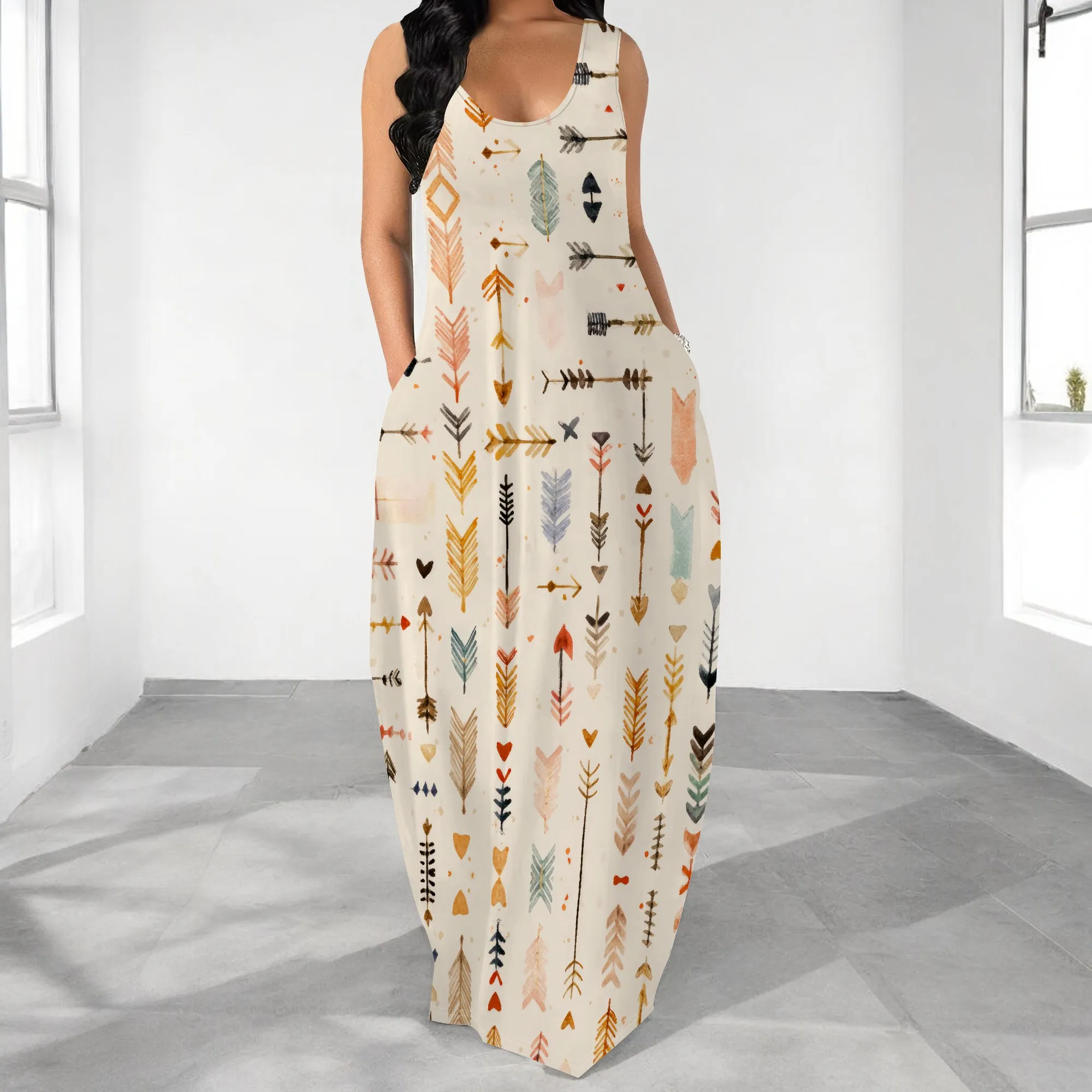 

Women's Boho Arrow Print Maxi Dress Sleeveless O-Neck Loose Dress with Pockets for Casual Holiday Beach Wear S-3XL