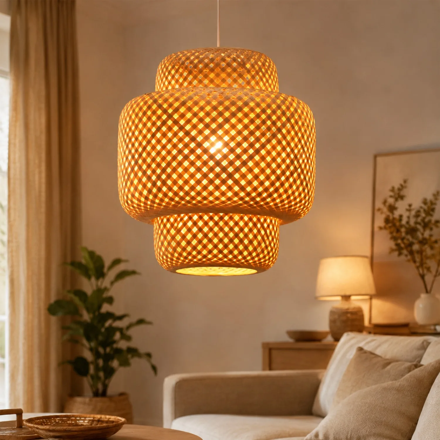 JOYINLED D30/40/50cm Bambus-Laterne Pendelleuchte Natürlicher Rattan-Korbgeflecht E26/E27 Kronleuchter Restaurant Heim-Deko Handgefertigte Lampe