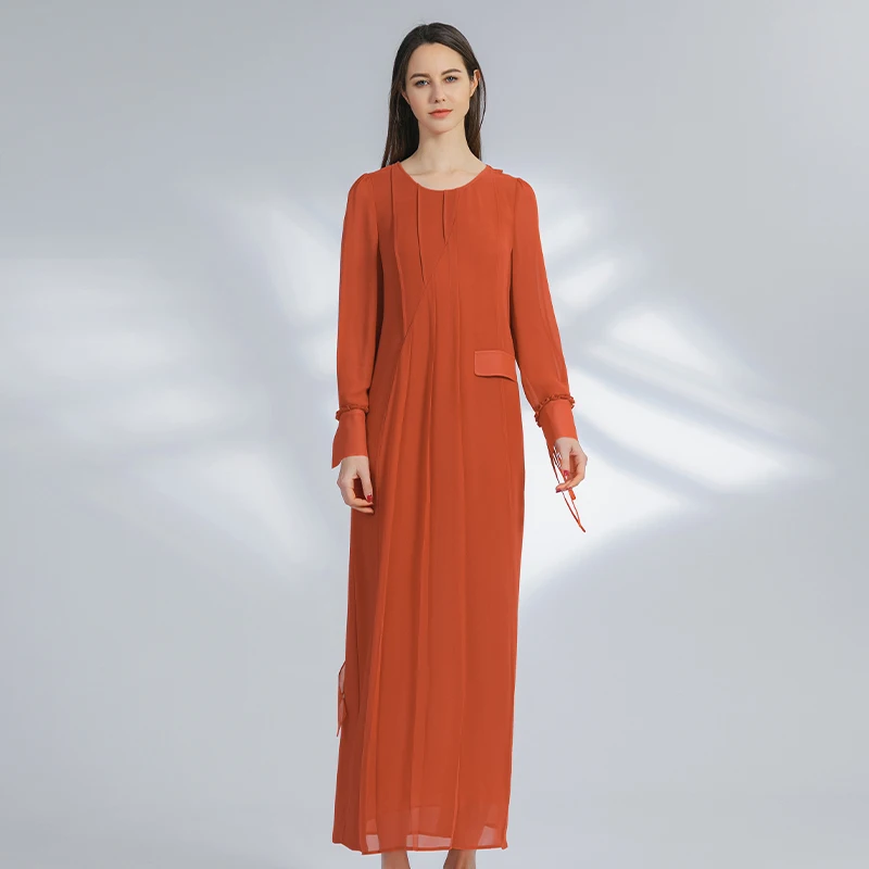 

Heavyweight Long Sky Thick Silk Dresses for Women Paneled Georgette Silk Crew Neck Fungus Puff Sleeve Tomato Red Dress AY150