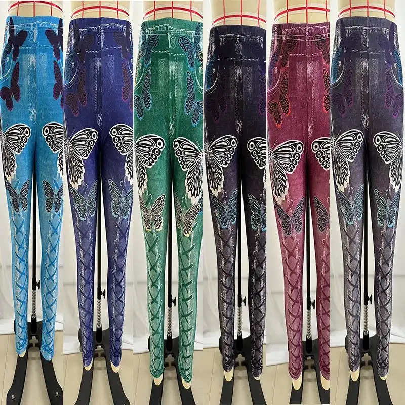 Ladies  Print Denim Sports Leggings Large Size Breathable Comfortable Mid-aged Women's Fashionable Base Layer Trousers