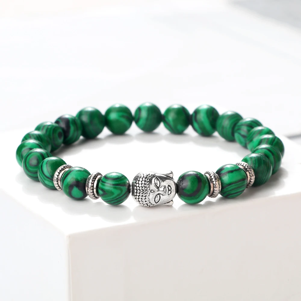 Men Buddha Head Beaded Bracelets Natural Tiger Eye Stone Volcanic Rock Malachite Pink Quartz Women Bangles Prayer Buddhist Gifts