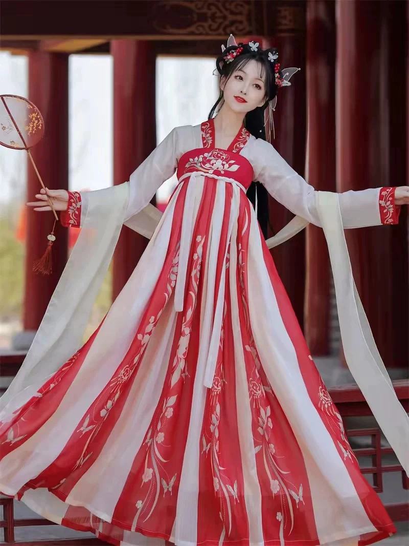 Women's Traditional Chinese Hanfu Dress 2026New Red White Floral Print Embroidered Tang Dynasty Costume Elegant Princess Outfits