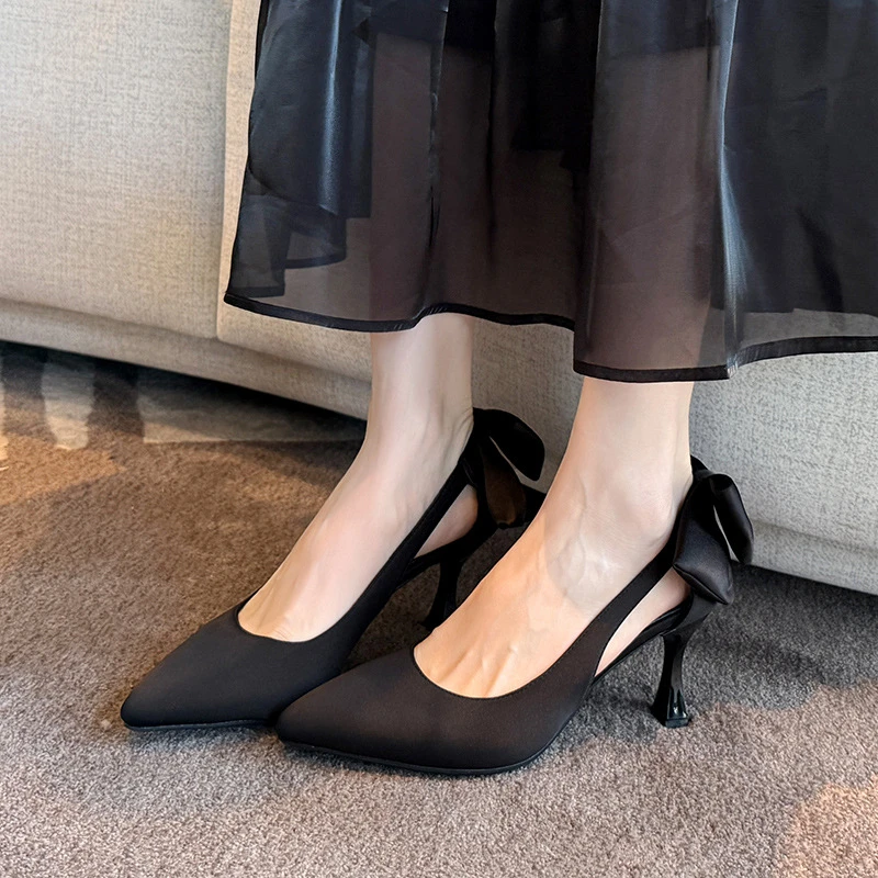 

Womens Champagne Satin Pointed Toe Cut Out Stiletto Heel Pumps With Bow Elegant Wedding Bridal Prom Party Shoes Temperament