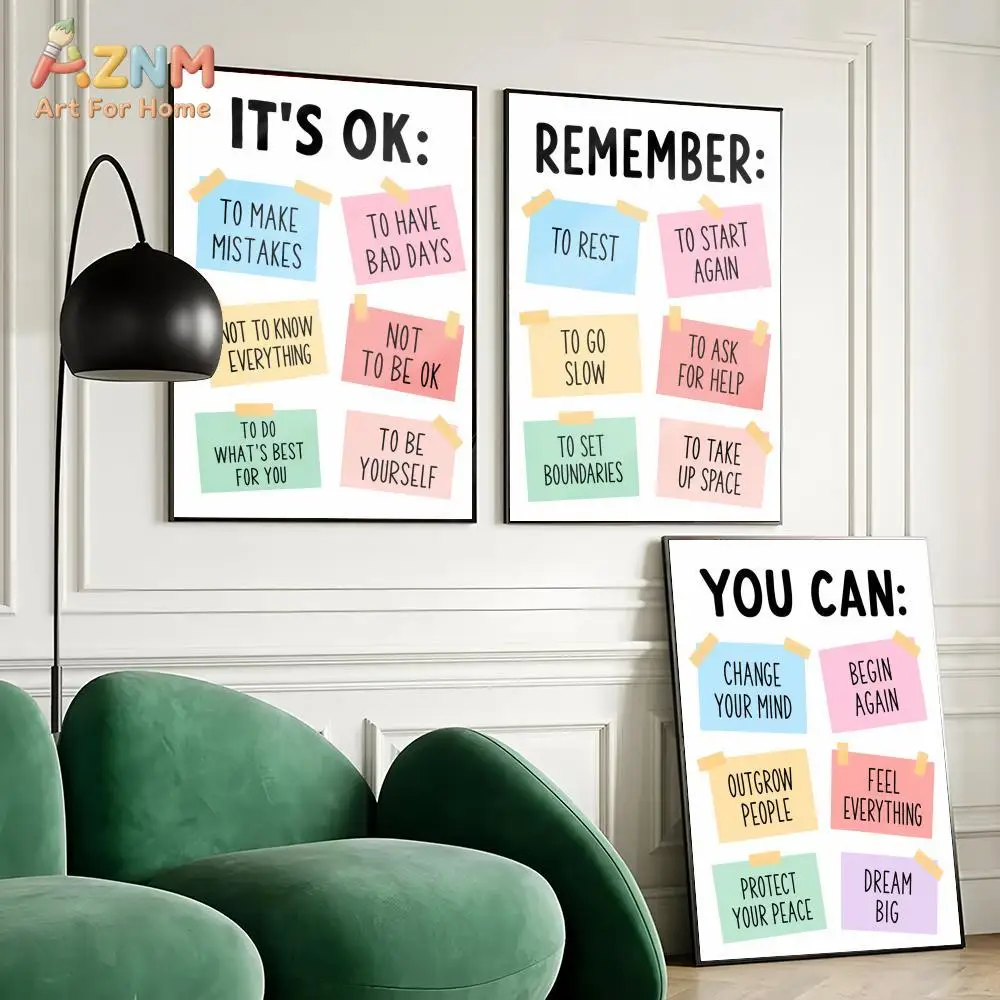 AZNM Positive Affirmation Canvas Wall Art Colorful Sticky Note Mental Health Quote Print Therapy Office Bedroom Decor Poster Unf