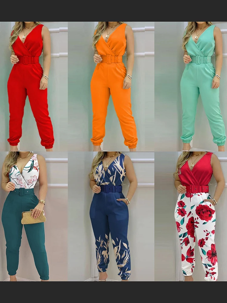 New Casual Women\'s Pants Women\'s V-neck Open Back Printed High Waist Jumpsuit Women (including Belt) Spring and Summer 2023