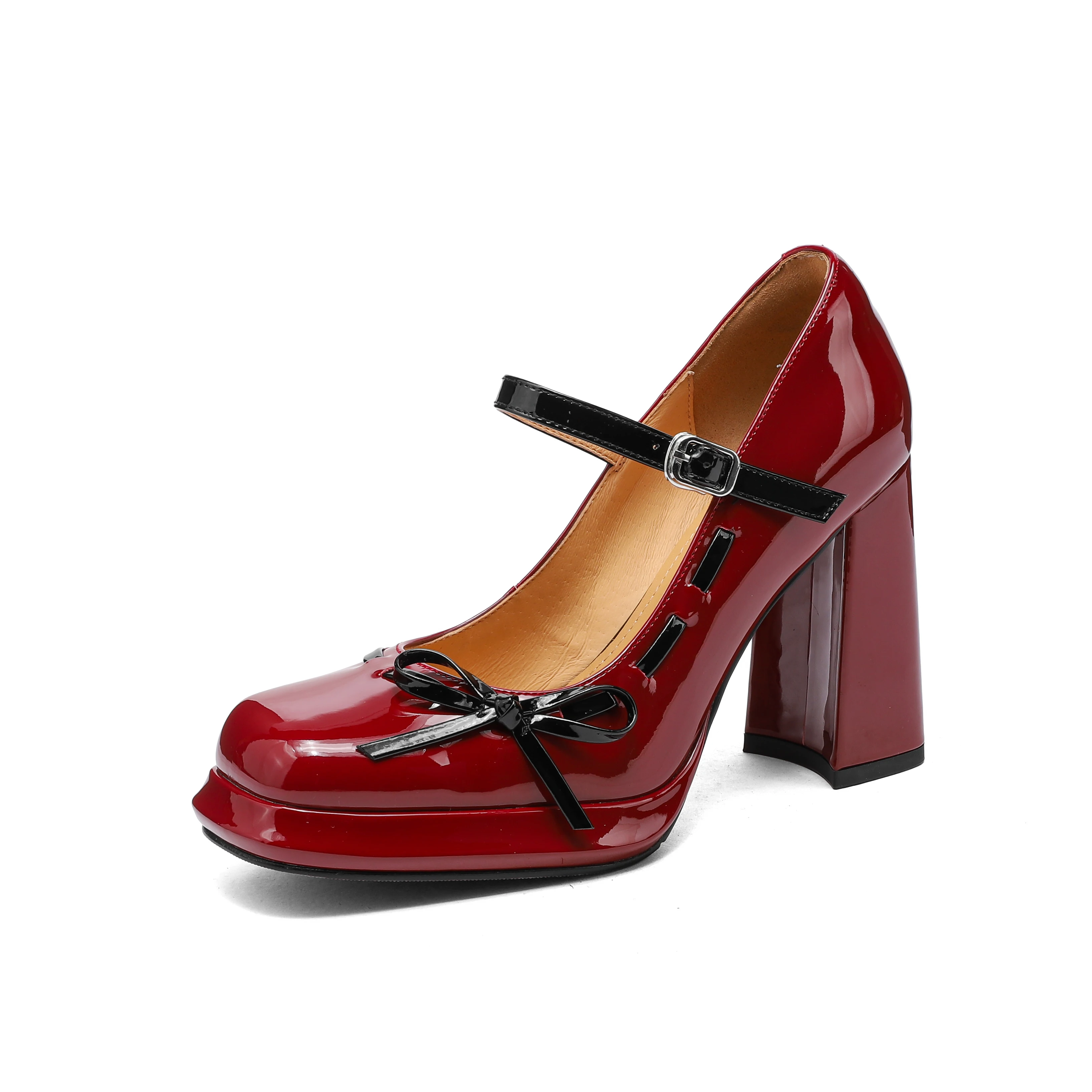 

Genuine Leather High Heels Platform Thick Heel Women Mary Jane Shoes Butterfly-knot Buckle Strap Shoes Elegant Dress Women Pumps