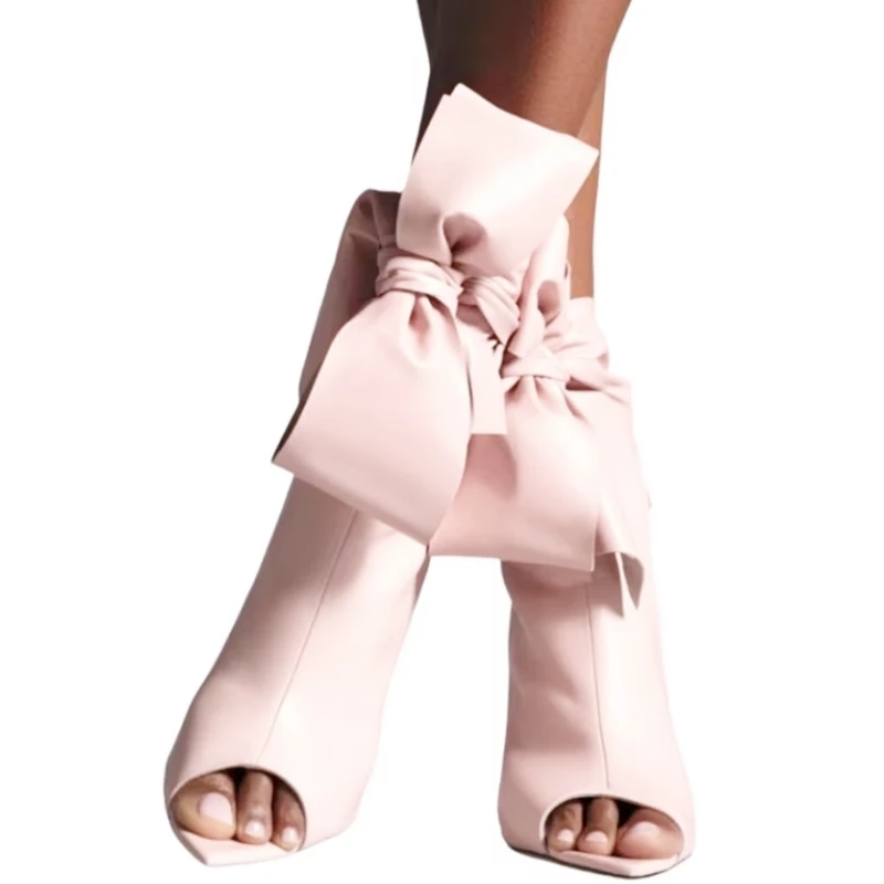 

Pink Black Grey Leather Matte PU Open Toe Thin Heels Short Boots For Women Pointed Toe Ankle Wrap Tie Women Ankle Boots