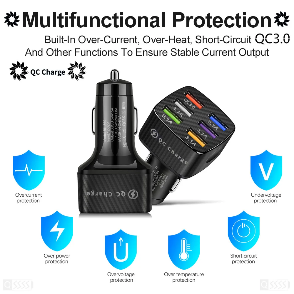 6 USB Car Charger 75W Fast Charging 12V/24V Phone Charger Adapter Car Cigarette Lighter Splitter For iPhone 13 14 Xiaomi Huawei