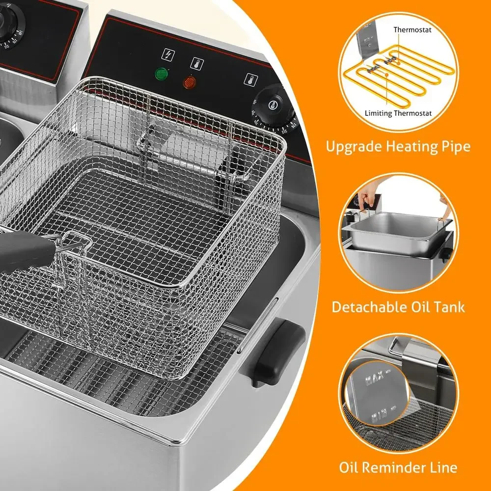 Kommerzielle Fritteuse mit Doppeltank, 4000 W, elektrische Fritteusen aus Edelstahl mit Körben, Temperaturregelung, professionelle Qualität