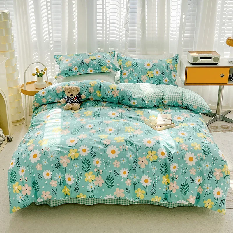 

Floral Light Green Duvet Cover 100% Cotton,Garden Style Flowers Bedding Duvet Cover Set with Pillowcases Durable Zipper Closure