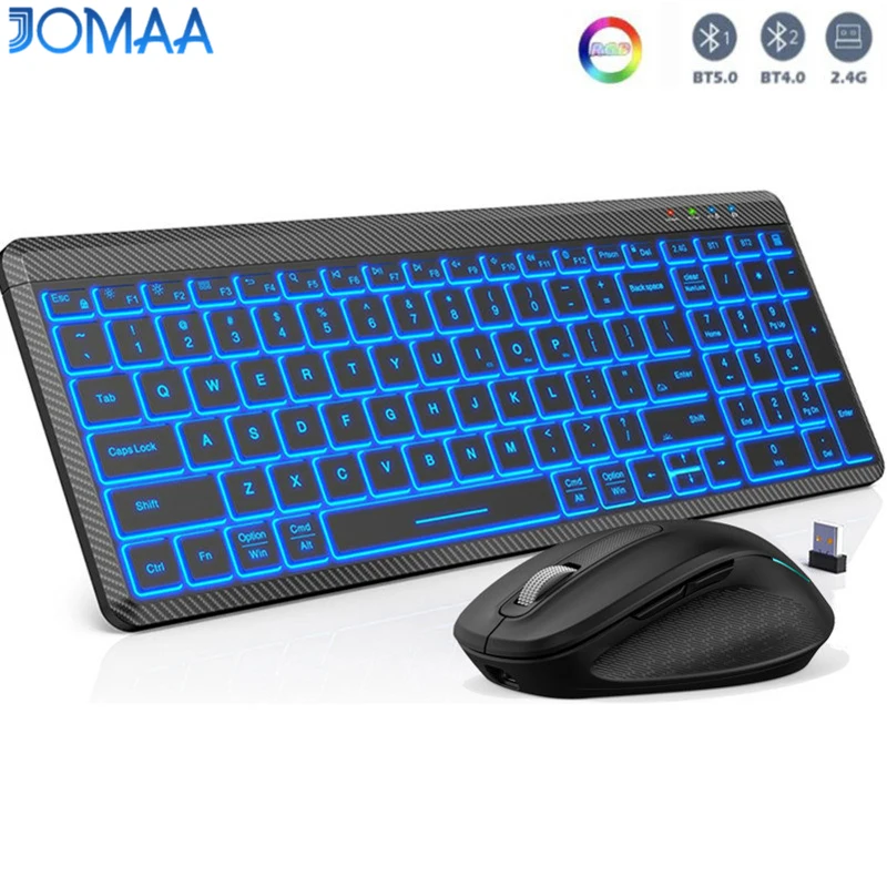 

JOMAA RGB Backlit Wireless Keyboard and Mouse Set USB Bluetooth Rechargeable Keyboard Mouse Comb for Laptop Computer iPAD