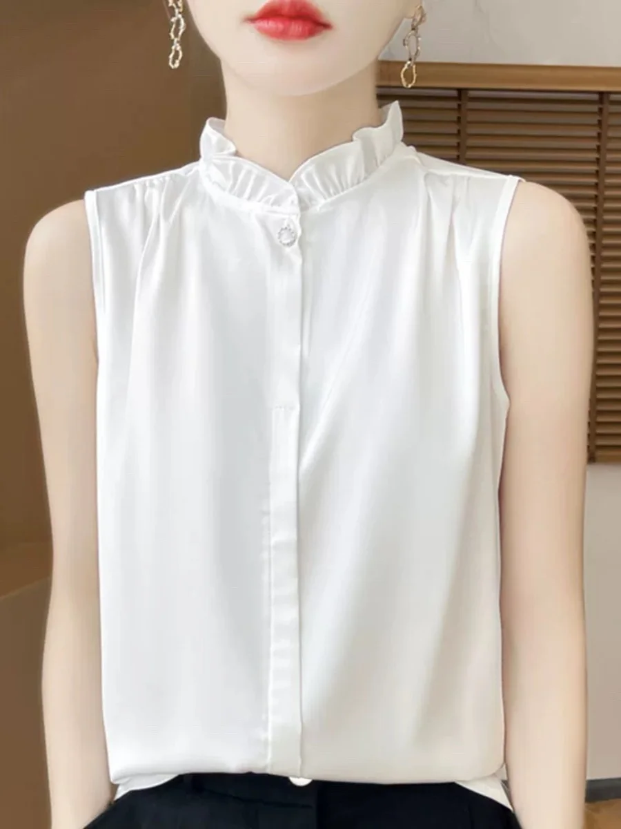 

Silk Shantung Sleeveless Button-Up Shirt Stand Collar Inner Wear Summer New Style Loose Fit Korean Style Top Women's Blouse