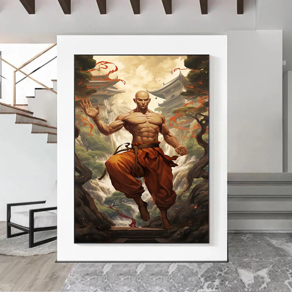 شاولين معبد الراهب المحارب المشارك يطبع لغرفة المعيشة ، ديكور المنزل ، الصينية KongFu البوذية قماش اللوحة ، جدار الفن