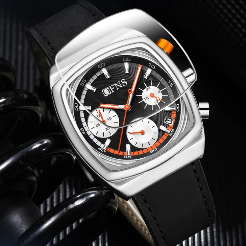 OFNS 1635 موضة وترفيه ساعة كوارتز حزام من الجلد كرونوغراف التقويم مضيئة مقاوم للماء ساعات مربعة للرجال Часы #4