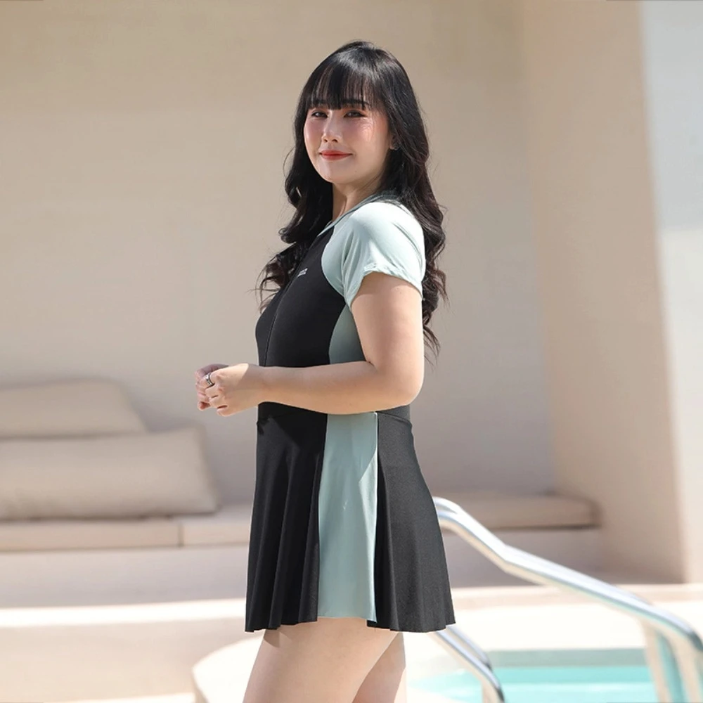 

Beachwear Short Sleeve Swimsuit Sun Protection Loose Bikini Women Bathing Suit Milk Ice Silk Blue Green Swimwear Skirt