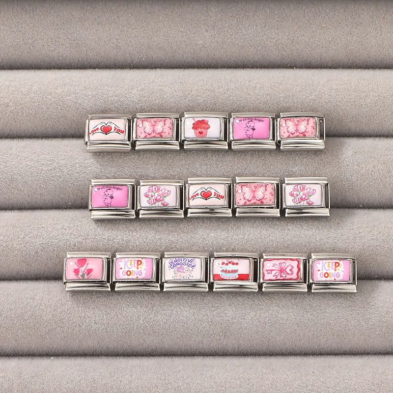 Y2K DIY Pink Charm Sweet Cake Cat Heart Bow Key Butterfly Italian Charm Links Fit 9MM Stainless Steel Bracelet Jewelry Making - view 2