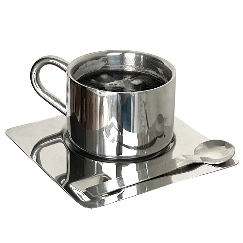 Coffee Cup Double Layer Hot Resistant Coffee Cup Set Stainless Steel Tea Cup With Plate and Spoon