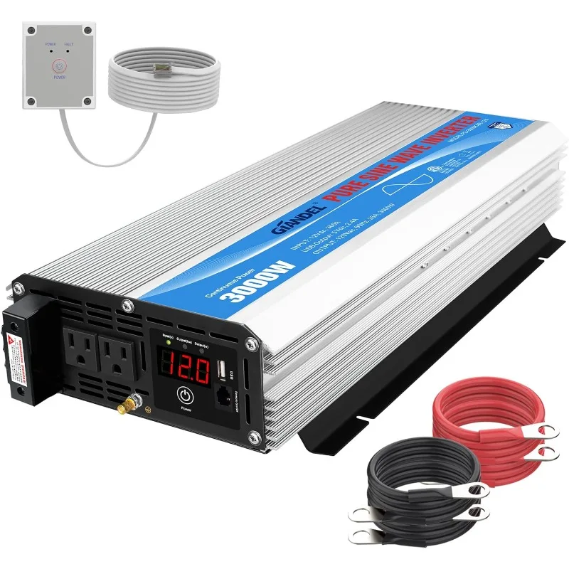 Pure Sine Wave Inverter 3000 Watt DC 12V to AC120V with Dual AC Outlets with Remote Control and LED Display