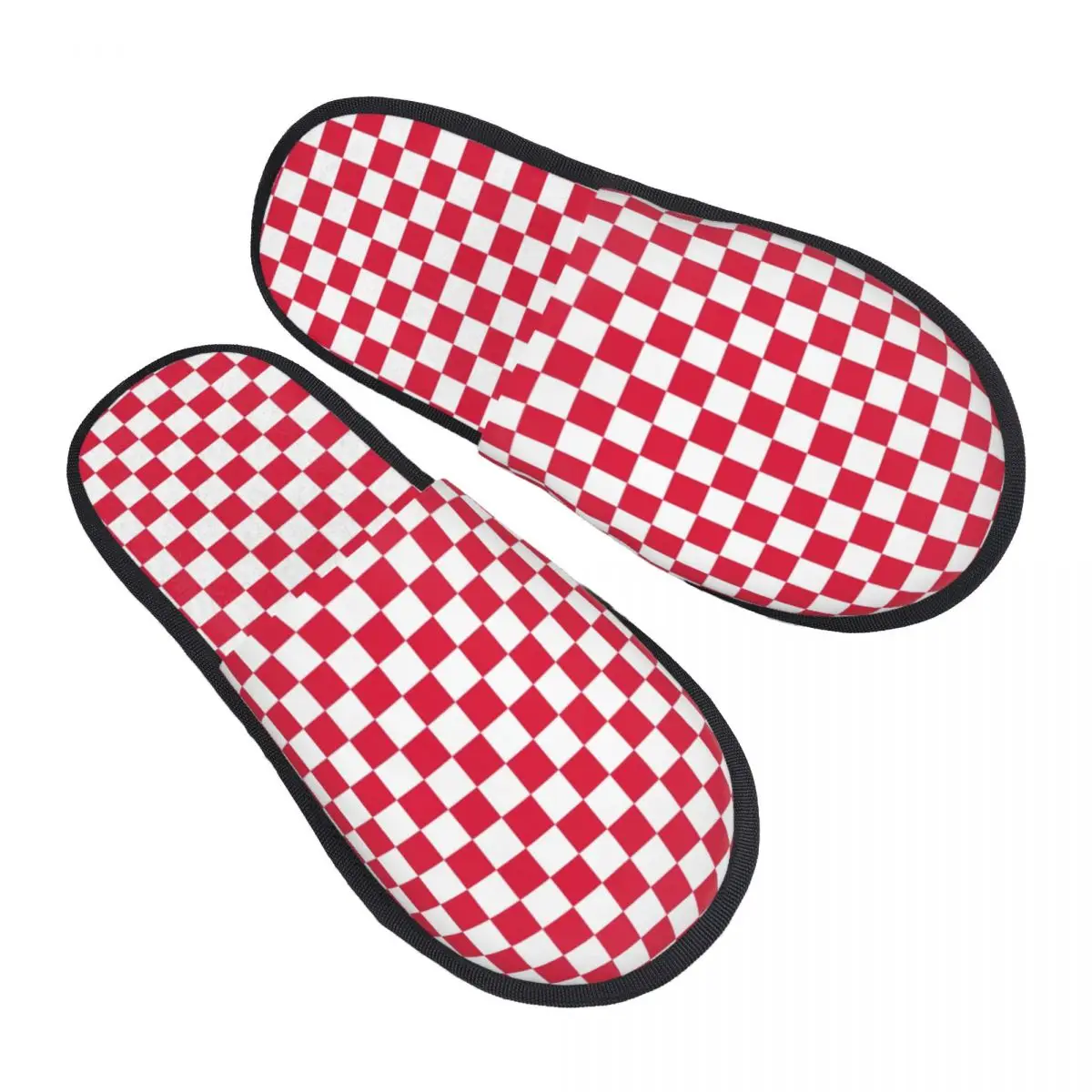

Custom White And Crimson Red Checkerboard Memory Foam Slippers Women Cozy Warm Plaid Geometric House Slippers