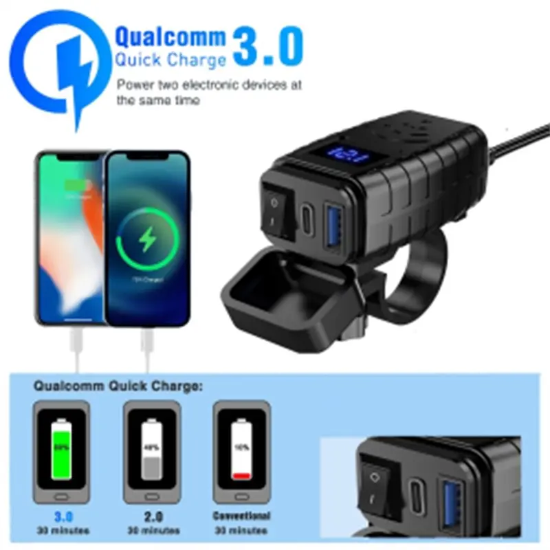 A02Q-Motorcycle Phone , USB Type C PD& Quick Charge 3.0 With Voltmeter& On/Off Switch Motorcycle USB Charging Unit