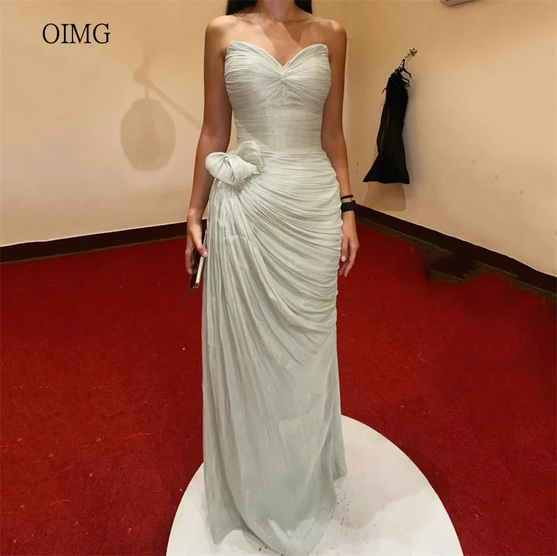 

OIMG Glitter Light Green Strapless Mermaid Prom Gowns Backless Bow Pleated Party Gown Floor Length Evening Dress Customized