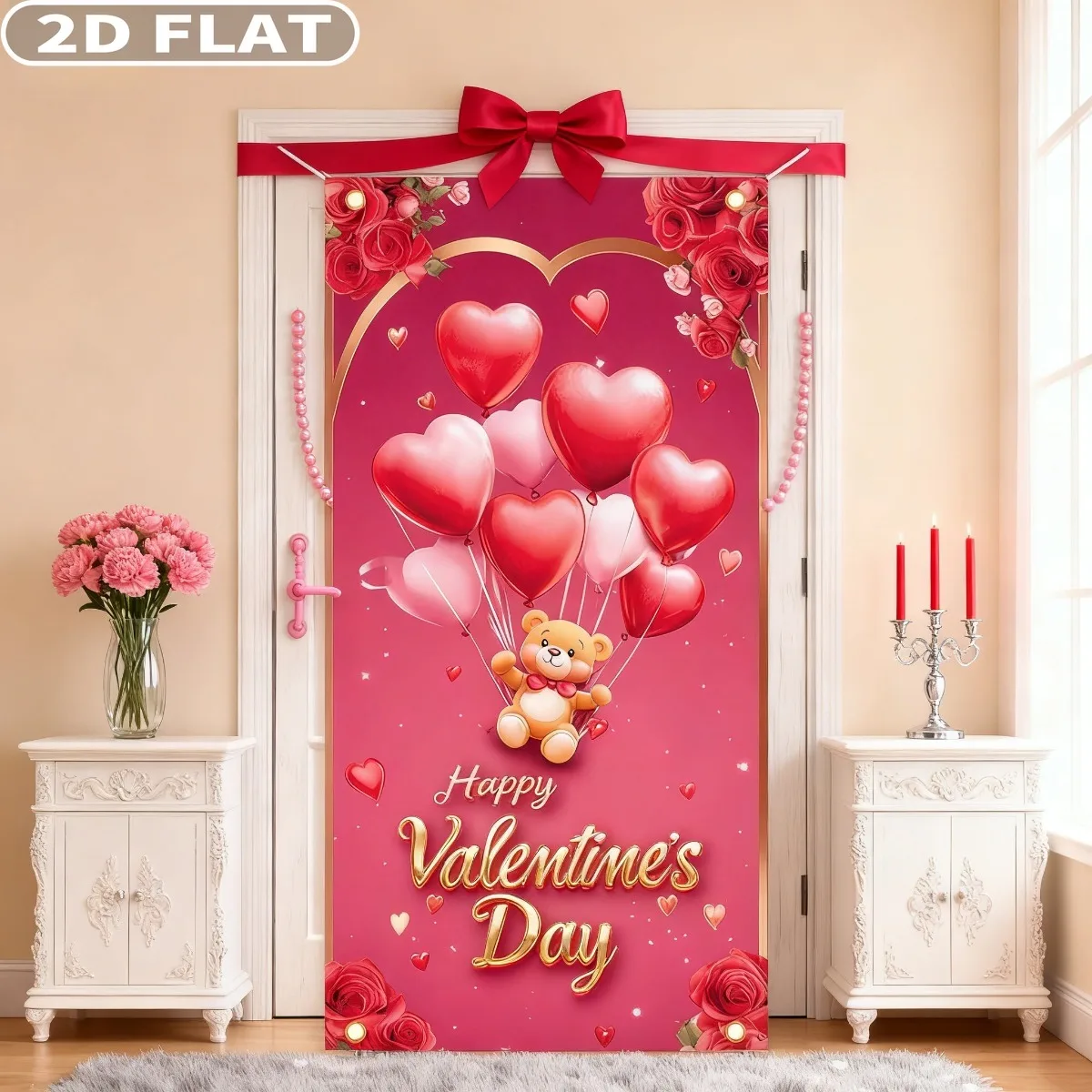 1pc Valentine's Day Party Banner with Ribbon, 71x35 Inch Polyester Pink Love Heart Truck Door Cover Party Supplies Wedding Decor