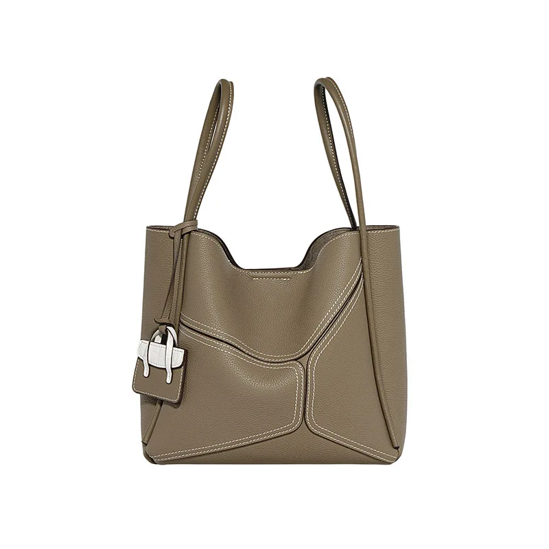 JW Сумка Женская, Top Grain Cowhide Tote Bucket Bag, Elephant Grey Large Spliced Zipper Vintage Commute 2026 Spring Shoulder Bag