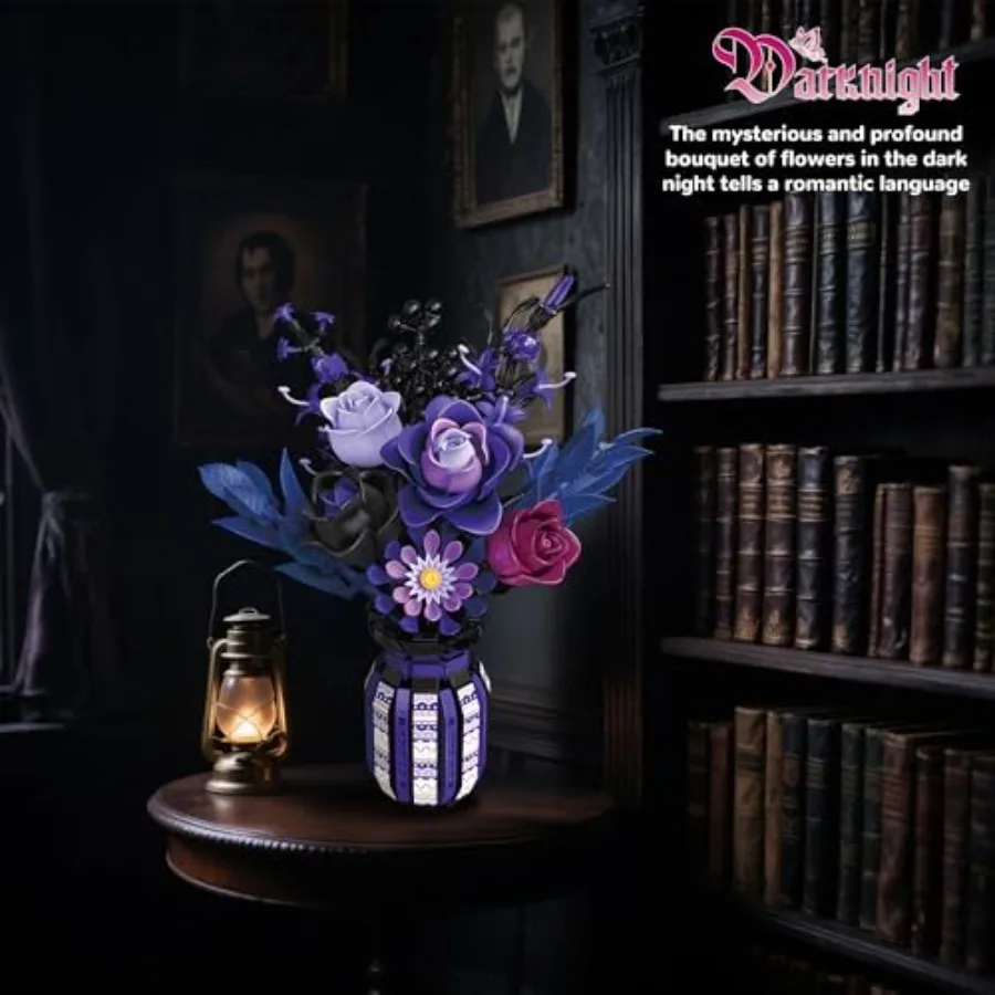 

1218Pcs Gothic Purple Black Flower Bouquet Building Set DIY Artificial Vase Set Elegant Home Office Decor Unique Gift for Women