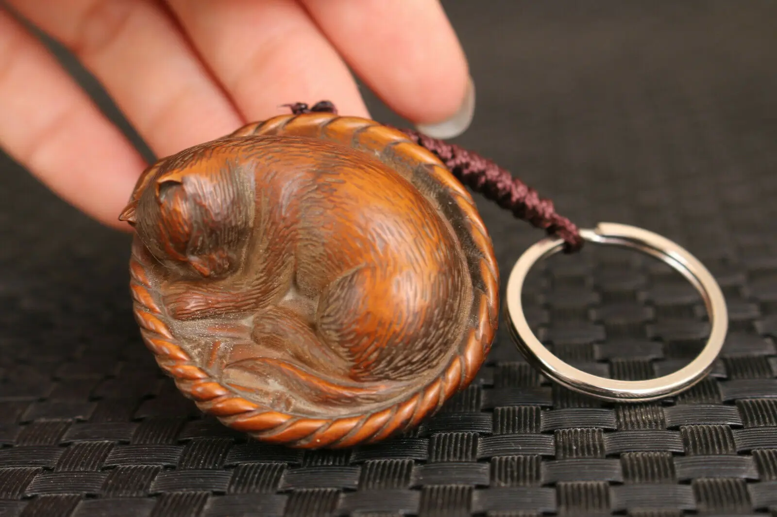 Japanese Chinese Boxwood Handwork Sleeping Cat Statue - Tea Pet Netsuke - Collectible Wood Carving Artwork