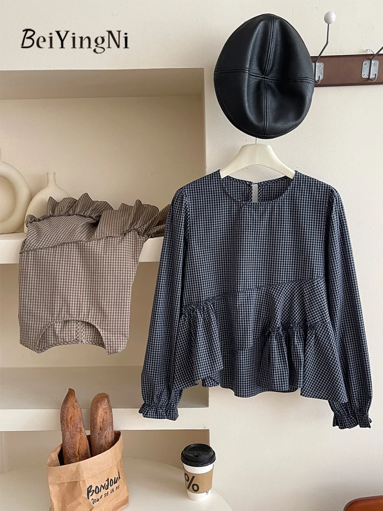 

Beiyingni Korean Plaid O-neck Blusas Shirts Women Ruffles Vintage Harajuku Long Sleeve Shirts Female Irregular Sweet Loose Top