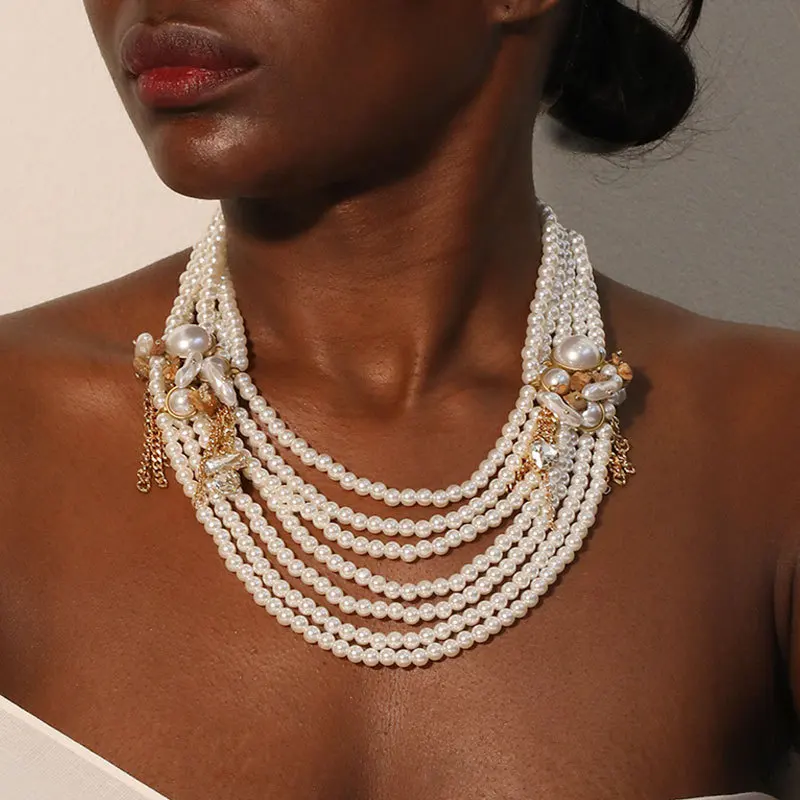 

1Pc Exaggerated Elegent Multilayer Faux Pearl Crystal Necklace Women's Long Pearl Handmade Accessories,Christmas Decor Gifts