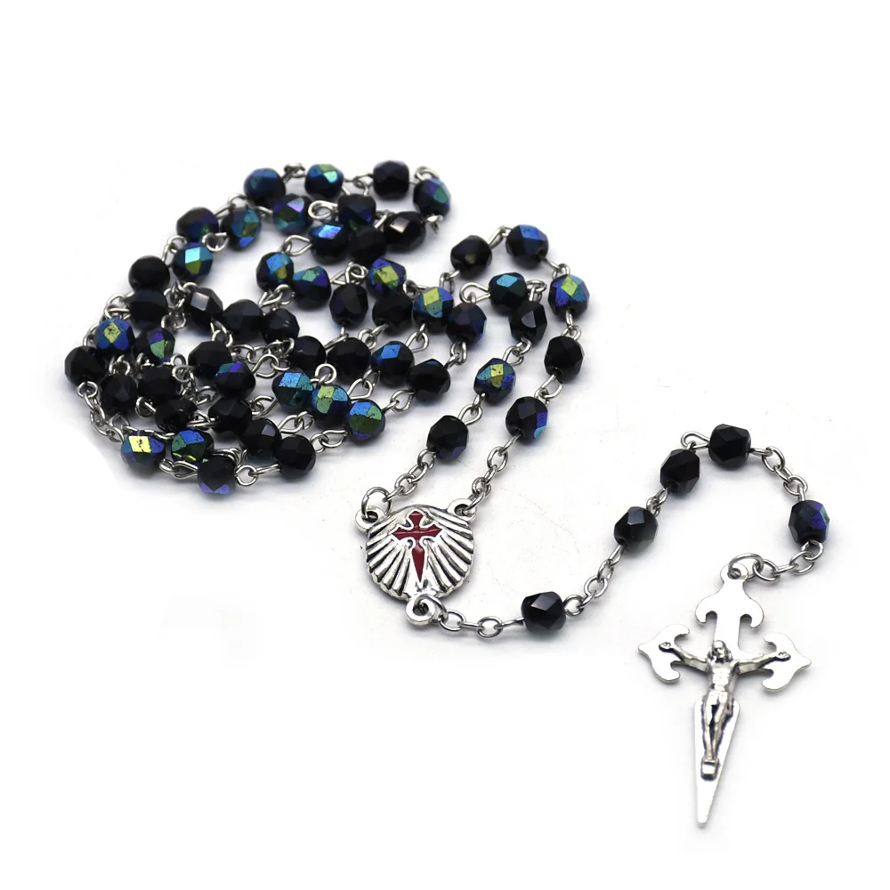 QIGO Crystal Beads Santiago Rosary Necklace Cross Pendant For Men Women Religious Prayer Jewelry